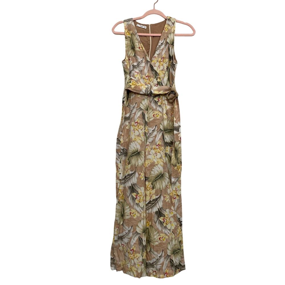 Mango Women Floral Print Jumpsuit with Belt Buckle Sleeveless Nude Size S
